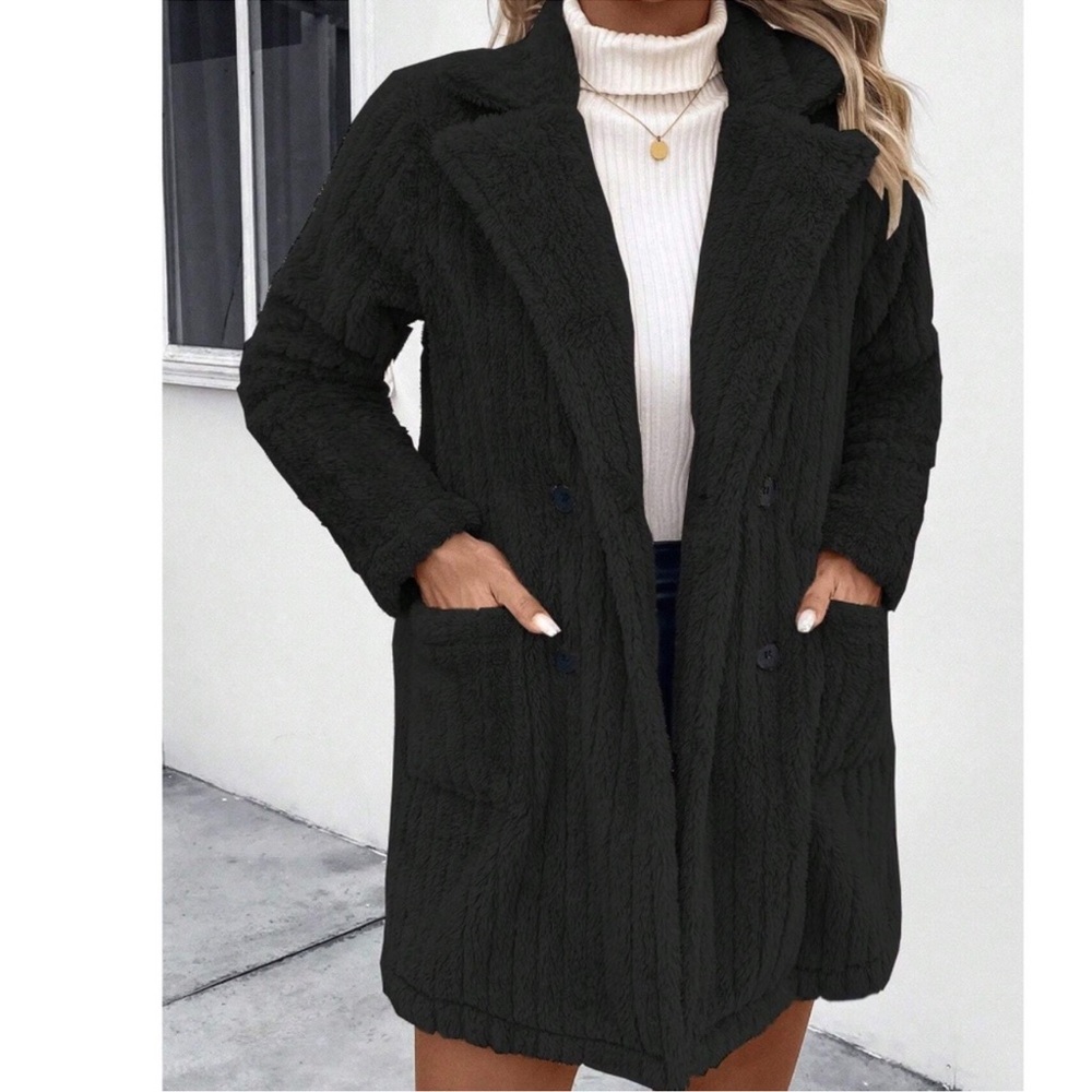 Cozy Black Teddy Button Pockets Oversized Jacket Coat S M L XL